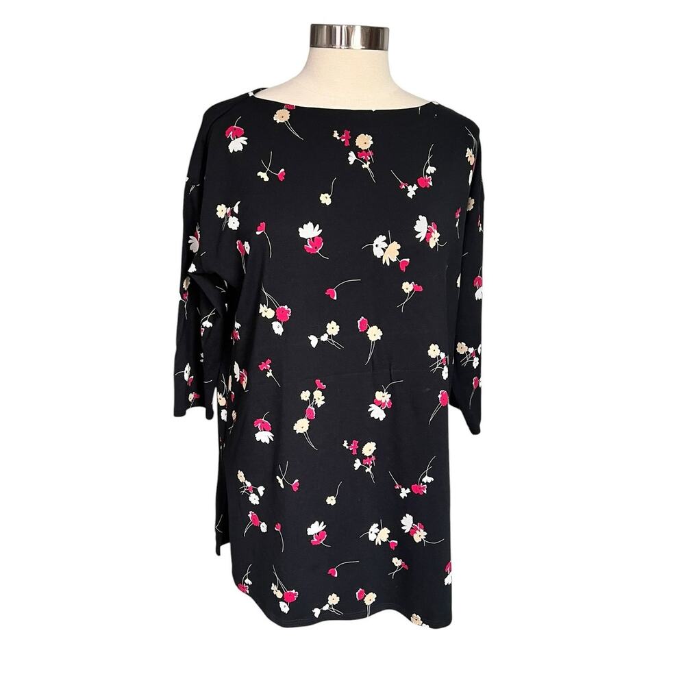 J.Jill Luxe Supima Pleat Back Black And Floral 3/4 Sleeve Tunic Size Small